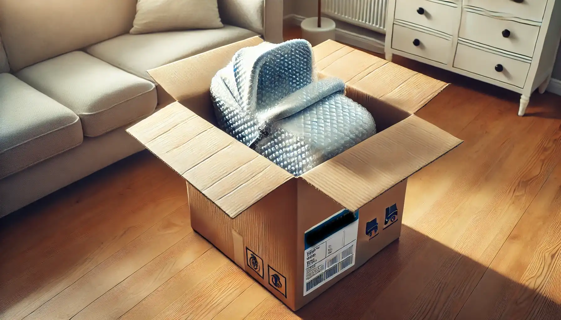 A neatly packed cardboard box containing a folded pram, wrapped in bubble wrap and sealed with packaging tape, placed in a home setting ready for courier collection.