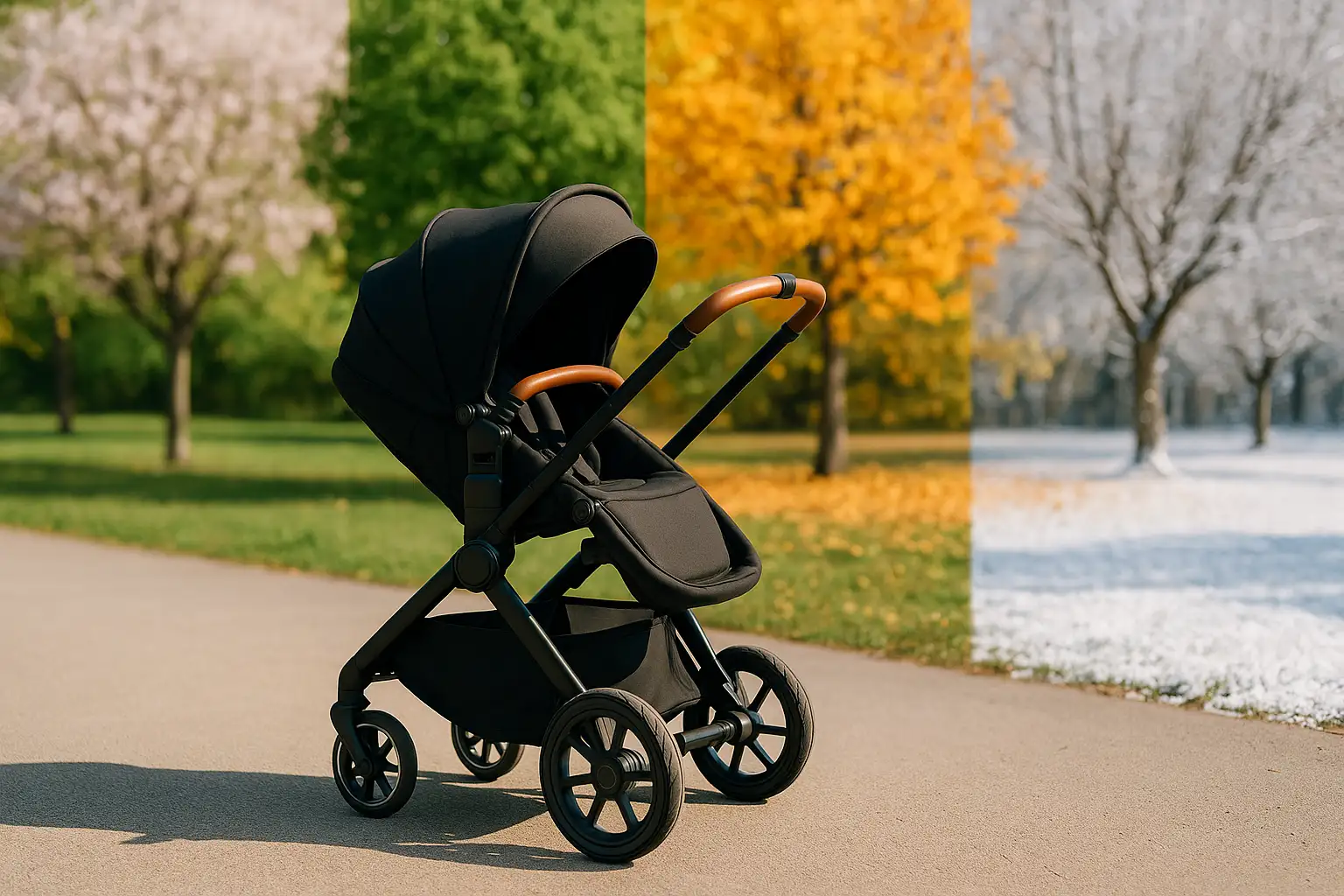 A sleek black pram on a park path with seasonal trees in the background representing spring, summer, autumn, and winter - illustrating the best time of year to sell a pram.