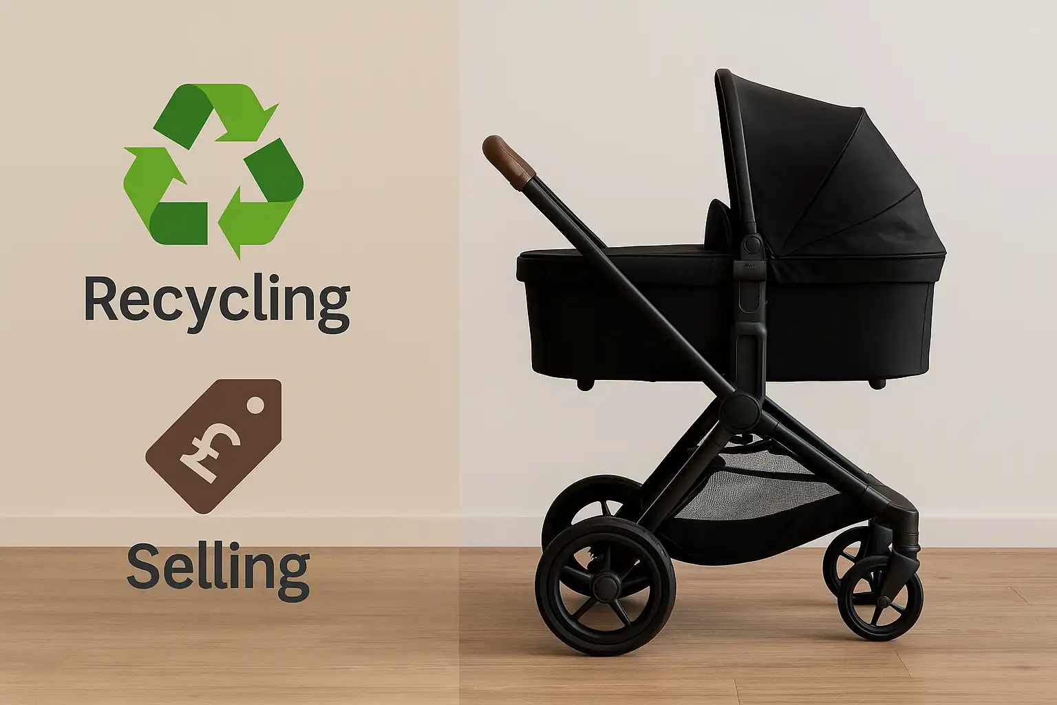 A modern pram placed between icons representing recycling and resale - visually comparing whether to sell or recycle a pram.