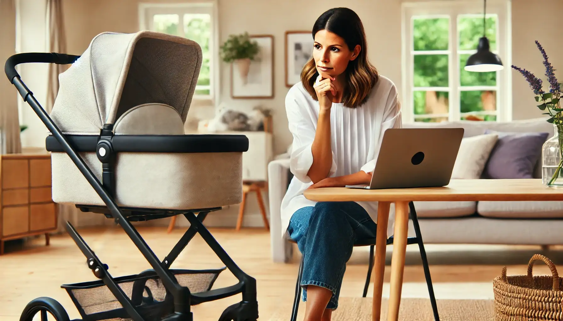 Young mum looking at laptop next to her pram, deciding between Facebook Marketplace and a buyback service.
