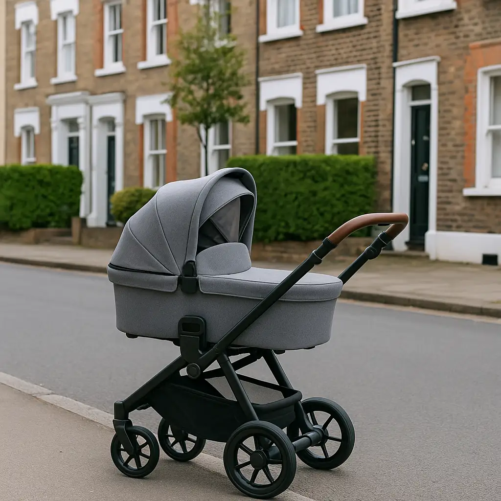 Modern grey pram on a quiet UK street in soft daylight – minimalist, lifestyle photo showing a clean and calm environment.