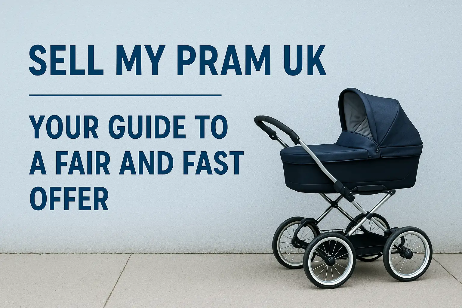 Navy blue vintage-style pram beside wall with text: Sell My Pram UK – Your Guide to a Fair and Fast Offer