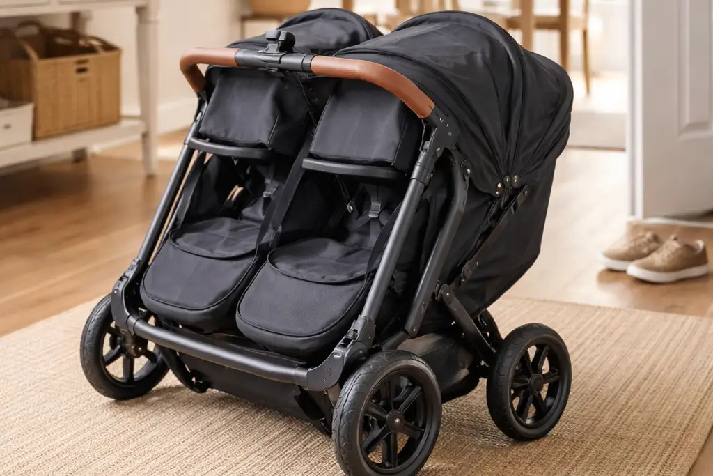 Folded double pram in a bright UK home, ready to be sold