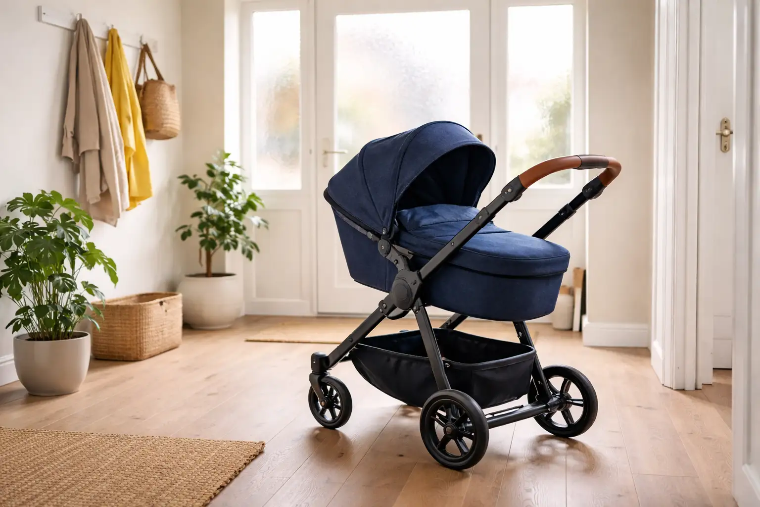 Modern navy blue baby pram in a bright home hallway – ideal image for “sell pram for cash UK