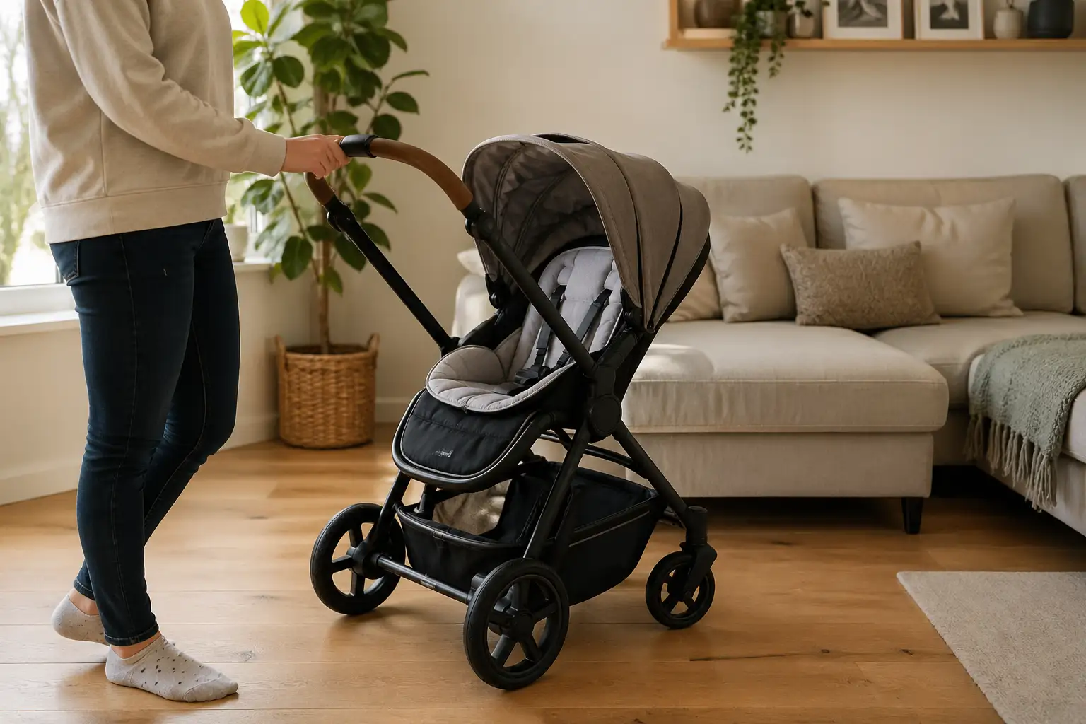 Person pushing a modern baby pram in a stylish living room, ideal for families looking to sell pram online UK