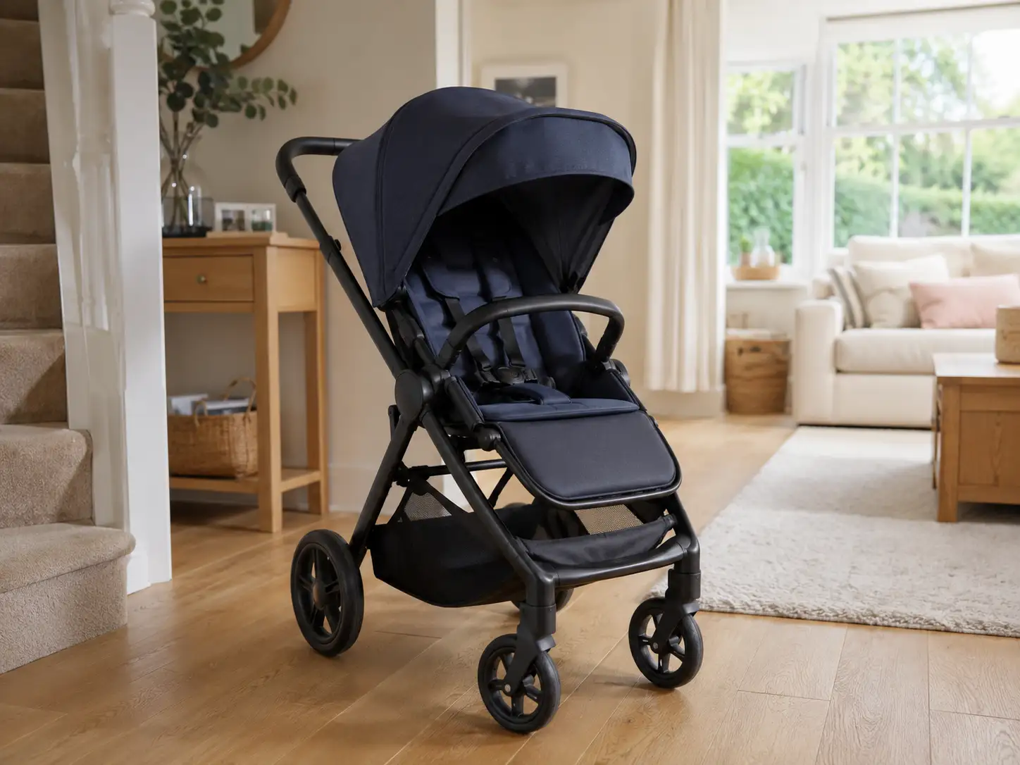 A modern navy pushchair in a bright British home, ideal for parents looking to sell Silver Cross pram in the UK.